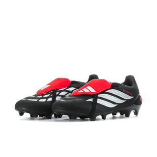 Men's black soccer cleats with red strap, white stripe overlays and FG/MG studs