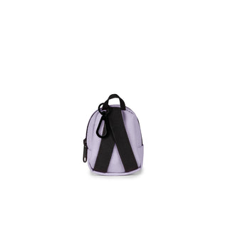 Lilac mini backpack with black trim and front zip pocket, carry handle, Jansport