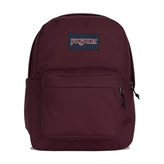 Maroon Jansport backpack with front zip pocket and logo patch