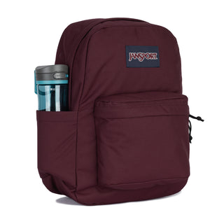 Maroon Jansport backpack with front pocket, side bottle holder, and logo patch
