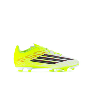 Youth neon yellow soccer cleat with black/red stripes on side and forefoot, FG studs