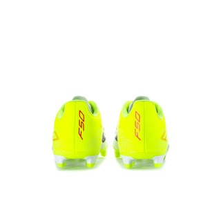 Youth neon yellow soccer cleats heel view with red logo marks, FG studs