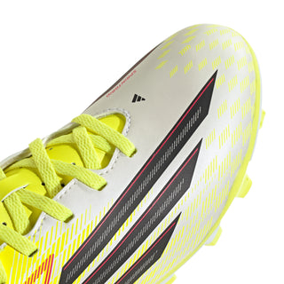 Youth soccer cleat heel in neon yellow/white with black stripe and red accents, FG