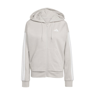 Women's full-zip hoodie in light gray with three-stripe sleeves and hood