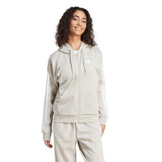 Women's full-zip hoodie with light gray body, hood, drawstrings, and 3-stripe sleeves