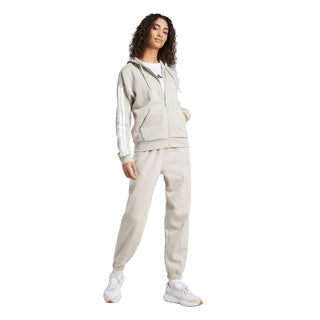 Women's light gray zip hoodie with hood and drawstrings, 3-stripe sleeves, front pockets