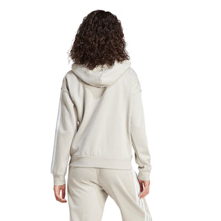 Women's light gray full-zip hoodie, back view with hood and three-stripe sleeve accents