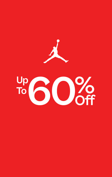 Red background with Jordan logo and 'Up To 60% Off' text