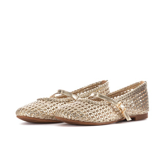 Gold woven ballet flat with crisscross strap, square buckle, and round toe
