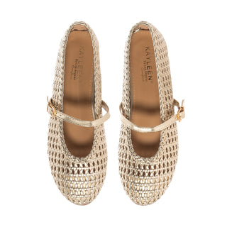 Gold woven ballet flats with slingback strap and pointed round toe