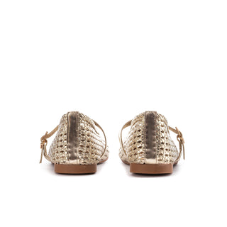 Gold woven ballet flats with back elastic sling and lace tie details