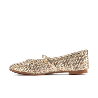 Gold woven ballet flat with square buckle strap and low-profile sole