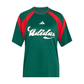 Womens dark green sports jersey with red raglan panels and white adidas logo