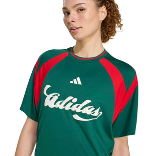 Womens dark green jersey with red raglan seams and large white adidas logo