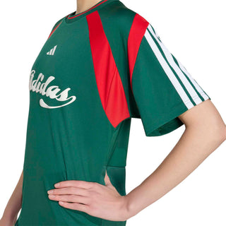 Womens dark green jersey with red back panel, white sleeve stripes, adidas logo