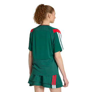 Womens dark green jersey dress back with red shoulder accents and adidas logo