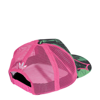 Pink mesh trucker cap with black crown and green camo side panel, snapback closure