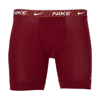 Burgundy Nike cotton stretch boxer briefs with a patterned logo waistband and fitted legs