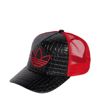 Black croc-texture trucker cap with red mesh back and red trefoil-style logo