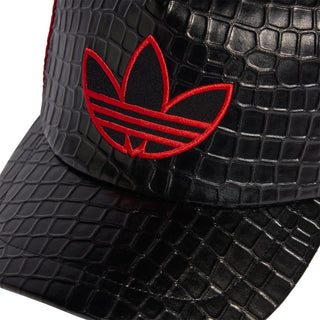 Black croc-texture cap panel with red trefoil-style logo, black structured brim