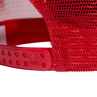 Red mesh trucker cap back with black croc-texture crown and red adjustable strap