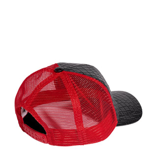 Red mesh trucker cap with black croc-texture brim and crown, adjustable snapback