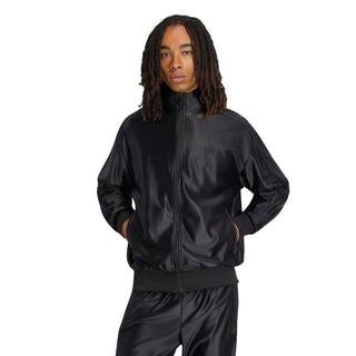 Men's black track jacket on model, full-zip front with stand collar and ribbed hem