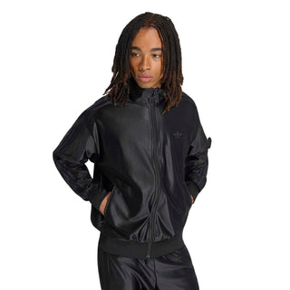 Men's black track jacket detail view, full zip with small logo at chest