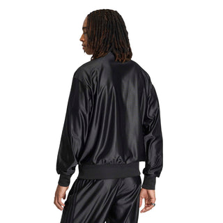 Men's black track jacket back view, stand collar and ribbed cuffs