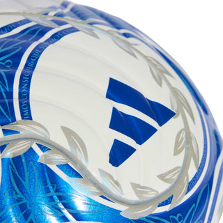 White mini soccer ball close-up with blue geometric arrow and gold accents