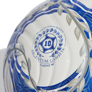 White mini soccer ball with blue circular emblem and Argentum Gambetta Mini text