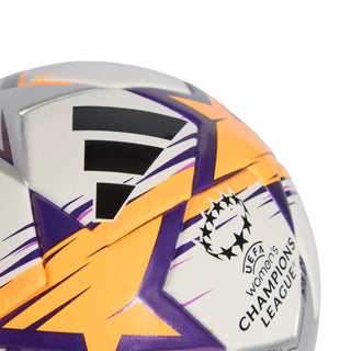 Women’s Champions League mini soccer ball close-up with orange star and black stripe accents