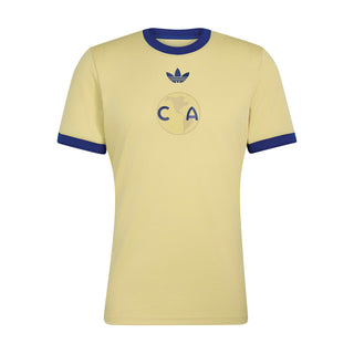 Men's powder yellow soccer jersey with blue collar and trim, CA crest on chest