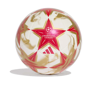 Champions League soccer ball in white, red, and gold metallic with star graphics
