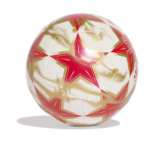 Champions League soccer ball in white and red with gold metallic panels and star emblem