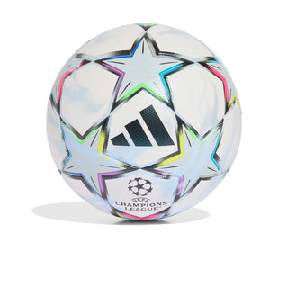 UEFA Champions League ball in white with neon green and purple star panels