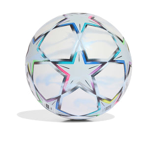 UEFA Champions League match ball with blue and pink star graphics on white panels