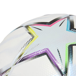 UEFA Champions League ball close-up with star seams, stitching, and neon accents