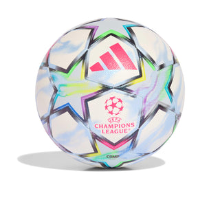 UEFA Champions League soccer ball, white with neon green, purple, and pink star panels
