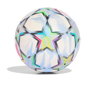 UEFA Champions League soccer ball with holographic star graphics in neon green and pink