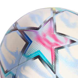 UEFA Champions League soccer ball close-up, white panels with neon blue and purple accents