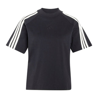 Women's black crew-neck tee with off-white 3-stripe sleeve design