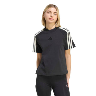 Women's black crew-neck tee with off-white 3-stripe shoulder and sleeve stripes