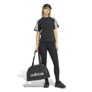 Women's black crew-neck tee with off-white 3-stripe shoulder panel stripes