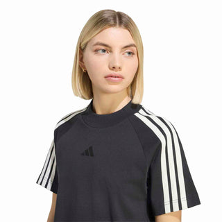 Women's black crew-neck tee with off-white 3-stripe shoulder detail