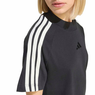 Women's black crew-neck tee with off-white vertical 3-stripe sleeve detail