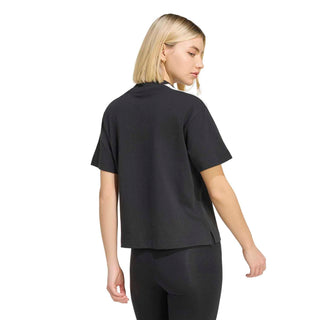 Women's black crew-neck tee with short sleeves, plain back