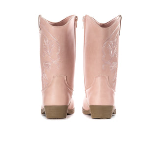 Toddler pink cowgirl boots, back view showing pull tabs and embossed shaft details