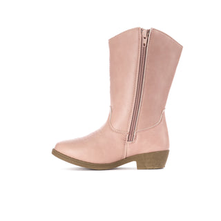 Toddler pink cowgirl boot with side zipper and tan heel sole