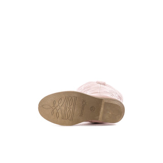 Toddler pink cowgirl boots with tan rubber sole and embossed side logo
